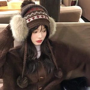 Knitted Wool Ear Protection Hat for Women - Small Face Friendly, Autumn Winter Style, Feier Island Design, Warm Lei Feng Cap