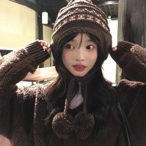 Knitted Wool Ear Protection Hat for Women - Small Face Friendly, Autumn Winter Style, Feier Island Design, Warm Lei Feng Cap