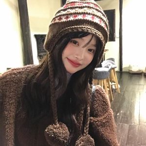 Knitted Wool Ear Protection Hat for Women - Small Face Friendly, Autumn Winter Style, Feier Island Design, Warm Lei Feng Cap