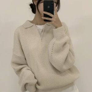 Korean Chic Half-Zip Polo Neck Sweater - Unique Design, Stylish Loose Fit, Thick Warm Knit Pullover for Fall/Winter Fashion
