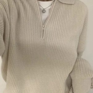 Korean Chic Half-Zip Polo Neck Sweater - Unique Design, Stylish Loose Fit, Thick Warm Knit Pullover for Fall/Winter Fashion
