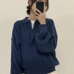 Korean Chic Half-Zip Polo Neck Sweater - Unique Design, Stylish Loose Fit, Thick Warm Knit Pullover for Fall/Winter Fashion