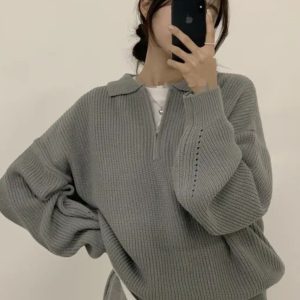 Korean Chic Half-Zip Polo Neck Sweater - Unique Design, Stylish Loose Fit, Thick Warm Knit Pullover for Fall/Winter Fashion
