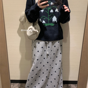 Korean Style Autumn Winter Streetwear Star Print Casual Long Skirt with Elastic Waist and Drawstring for a Slimming Fit