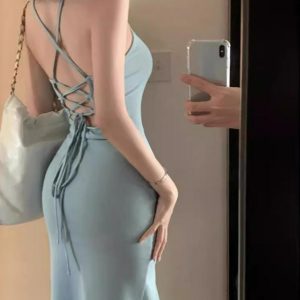 Korean-Style Backless Hollow Lace-Up Dress for Women, Fitted Waist Bodycon Mermaid Skirt, Figure-Flattering Party Dress