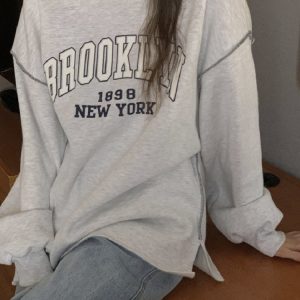 Korean Style Brooklyn Letter Embroidery Splicing Seam Loose Sports Sweatshirt for Casual Wear