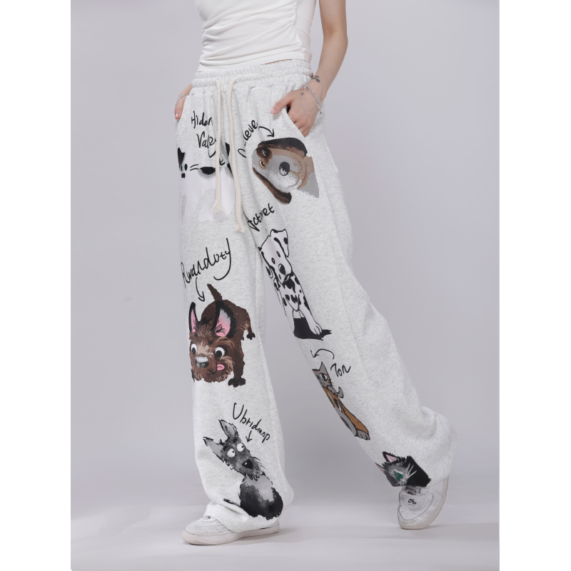 Korean Style Cartoon Printed Straight-Leg Casual Pants for Women - Autumn Winter Jazz Dance Sports Trousers
