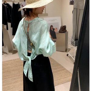 Korean-Style Casual Loose White Long Sleeve Sun Protection Shirt for Women with Back Split and Tie-Up Detail – Spring/Summer Fashion