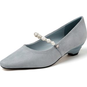 Korean Style Chunky Heel Mary Jane Shoes with Pearl Detail - Square-Toe Shallow Mouth Suede for Spring/Summer 2025 Fashion