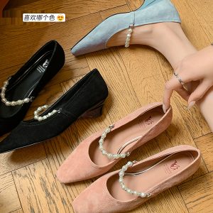 Korean Style Chunky Heel Mary Jane Shoes with Pearl Detail - Square-Toe Shallow Mouth Suede for Spring/Summer 2025 Fashion