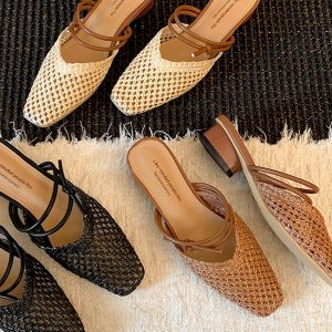 Korean-Style Chunky Heel Square-Toe Closed-Toe Sandals | Woven Straw Comfort for Spring/Summer 2025 Outdoor Slippers