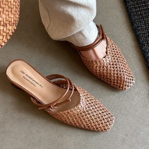 Korean-Style Chunky Heel Square-Toe Closed-Toe Sandals | Woven Straw Comfort for Spring/Summer 2025 Outdoor Slippers