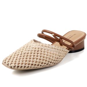 Korean-Style Chunky Heel Square-Toe Closed-Toe Sandals | Woven Straw Comfort for Spring/Summer 2025 Outdoor Slippers