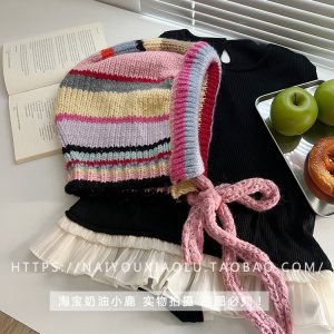 Korean-Style Colorful Striped Winter Pullover Balaclava Hat for Women, Knitted Wool Braid Ear Protection, Cozy Fashion Accessory