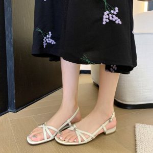 Korean-Style Cute Open-Toe Flat Sandals for Women, Genuine Leather, Summer 2023 Fairy Style, Versatile Low Heel for Skirts