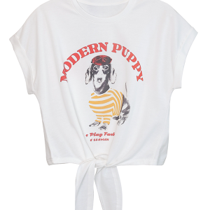 Korean-Style Dog Print Cropped T-Shirt for Women - Summer Short Sleeve with Tie Waist, Trendy Y2K Fashion