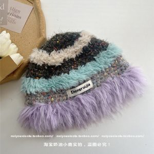 Korean-Style Fluffy Knitted Yarn Fisherman Hat for Women - Warm Handmade Plush Hat for Autumn Winter Fashion