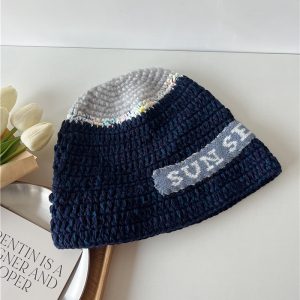 Korean Style Handmade Knitted Wool Fisherman Hat for Women, Letter Patch Design, Warm Autumn and Winter Accessory
