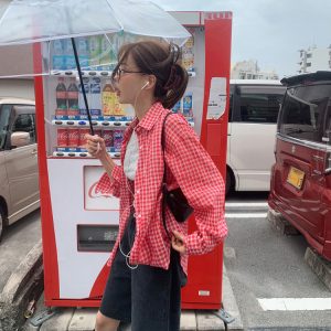 Korean Style Handmade Plaid Thin Sun Protection Shirt - Lightweight Summer Layering Top for Fashionable Outdoor Wear