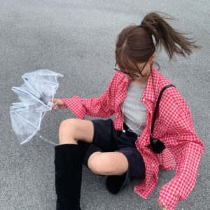 Korean Style Handmade Plaid Thin Sun Protection Shirt - Lightweight Summer Layering Top for Fashionable Outdoor Wear