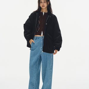 Korean Style Heavy-Duty Spliced Collar Cotton Jacket for Women - Loose Black Quilted Workwear Windbreaker Coat