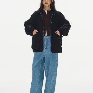 Korean Style Heavy-Duty Spliced Collar Cotton Jacket for Women - Loose Black Quilted Workwear Windbreaker Coat