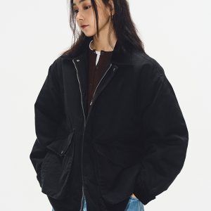 Korean Style Heavy-Duty Spliced Collar Cotton Jacket for Women - Loose Black Quilted Workwear Windbreaker Coat