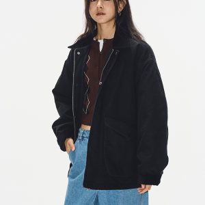 Korean Style Heavy-Duty Spliced Collar Cotton Jacket for Women - Loose Black Quilted Workwear Windbreaker Coat