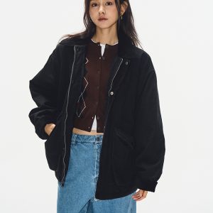Korean Style Heavy-Duty Spliced Collar Cotton Jacket for Women - Loose Black Quilted Workwear Windbreaker Coat