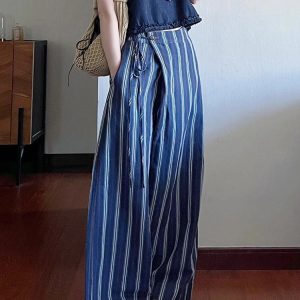 Korean Style High-End Blue Striped Wide-Leg Pants for Women - Summer 2023 Loose and Slimming Fashion Trousers