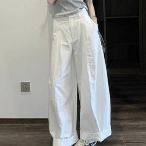 Korean Style High-Waisted Loose-Fit White Cargo Wide-Leg Pants for Women - 2025 Summer Floor-Length Trousers