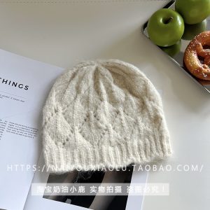 Korean Style Hollow Lace Wool Knitted Pullover Hat for Women - Winter Fashion Bagged Yarn Beanie