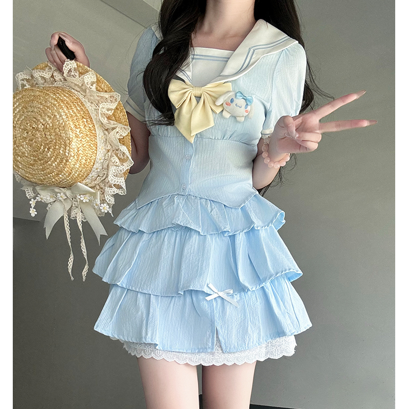 Korean Style JK Uniform Navy Collar Top with Pudding Bear Design and Sweet Cake Skirt Set for Summer - Women's College Fashion