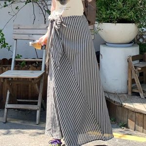Korean-Style Long Striped Skirt with Side Tie Design for Women - 2025 Summer High-End Minimalist Fashion