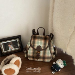 Korean Style Mint Coffee Plaid Wool Backpack for Women - Retro Double Shoulder Design for Autumn & Winter