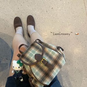 Korean Style Mint Coffee Plaid Wool Backpack for Women - Retro Double Shoulder Design for Autumn & Winter