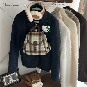 Korean Style Mint Coffee Plaid Wool Backpack for Women - Retro Double Shoulder Design for Autumn & Winter