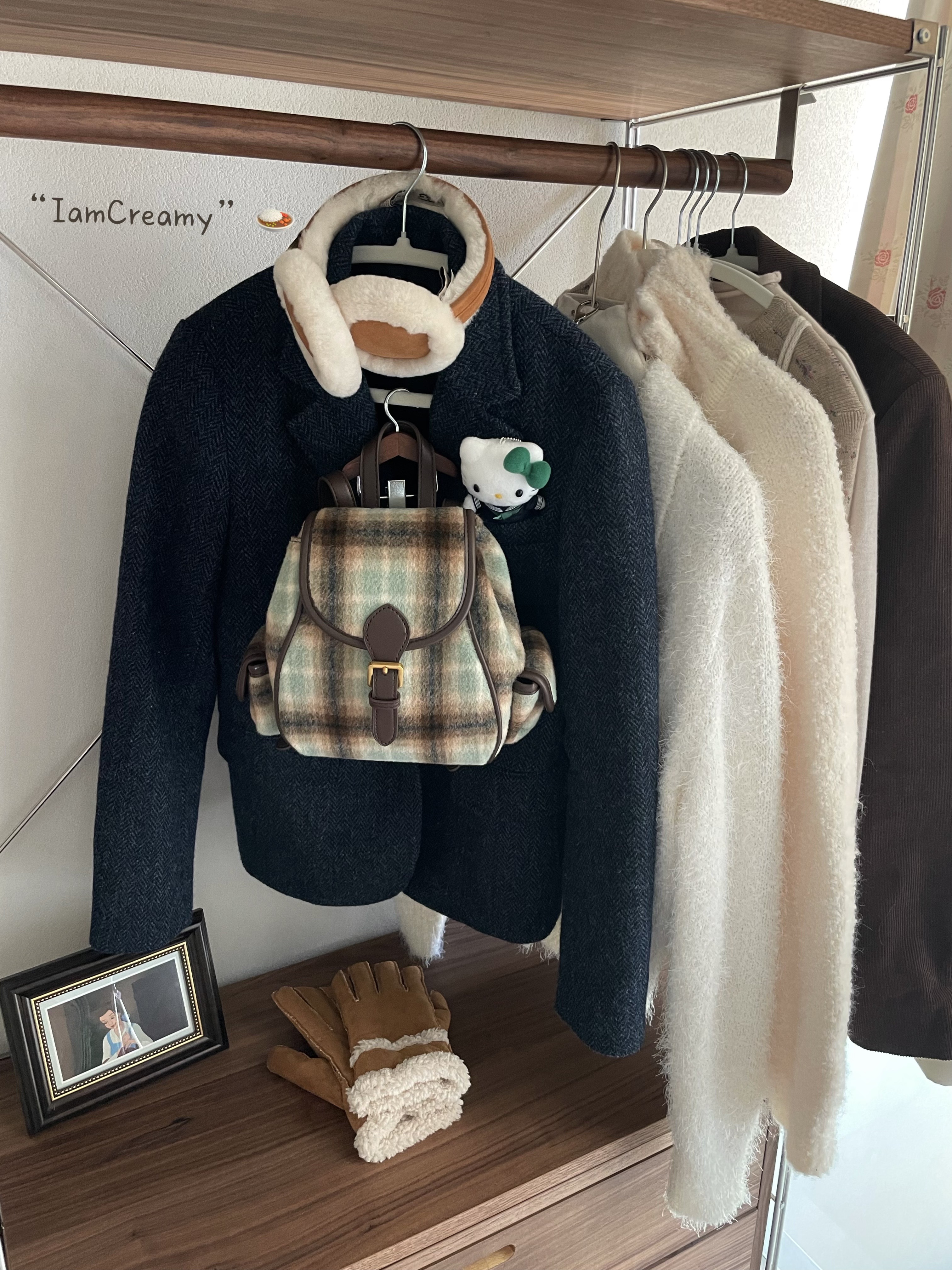 Korean Style Mint Coffee Plaid Wool Backpack for Women - Retro Double Shoulder Design for Autumn & Winter
