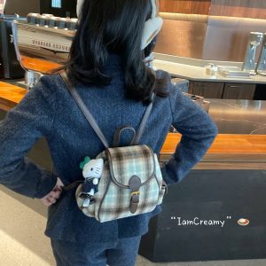 Korean Style Mint Coffee Plaid Wool Backpack for Women - Retro Double Shoulder Design for Autumn & Winter