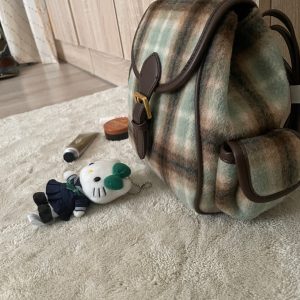 Korean Style Mint Coffee Plaid Wool Backpack for Women - Retro Double Shoulder Design for Autumn & Winter