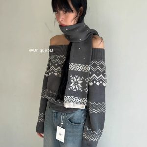 Korean-Style Off-Shoulder Jacquard Knitted Sweater with Scarf - Unique Winter Fashionable Layering Piece