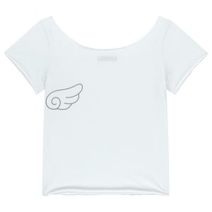 Korean Style Off-Shoulder White T-Shirt with Large Collar and Wing Print - 25ss Niche Design, Short Sleeve Fashion Top