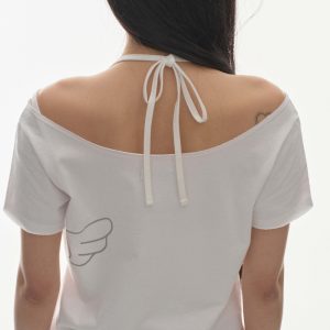 Korean Style Off-Shoulder White T-Shirt with Large Collar and Wing Print - 25ss Niche Design, Short Sleeve Fashion Top