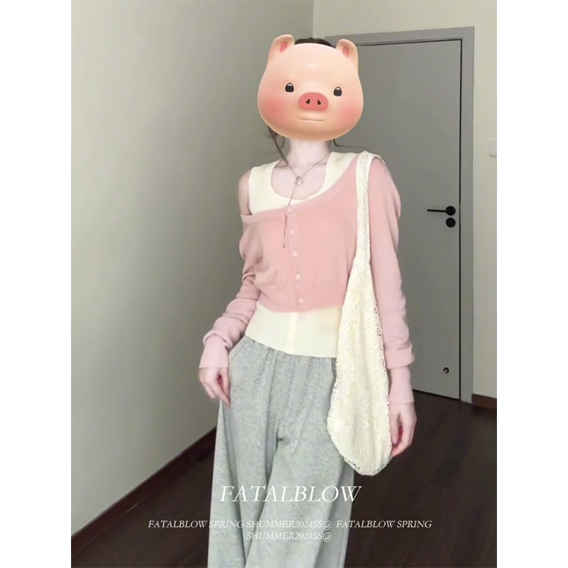 Korean Style Pink Off-Shoulder Knitted Cardigan for Women - Spring Short Long Sleeve Two-Piece Outfit with White Camisole Top