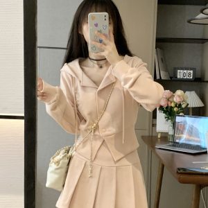 Korean Style Pink Slim-Fit Casual Hoodie and Skirt Two-Piece Set for Women - Versatile Spring Fashion Outfit