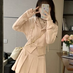 Korean Style Pink Slim-Fit Casual Hoodie and Skirt Two-Piece Set for Women - Versatile Spring Fashion Outfit
