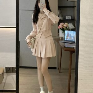 Korean Style Pink Slim-Fit Casual Hoodie and Skirt Two-Piece Set for Women - Versatile Spring Fashion Outfit