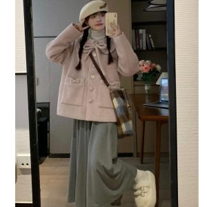 Korean Style Pink Woolen Coat for Women with Cute Doll Collar - Slimming Design for Autumn and Winter Fashion