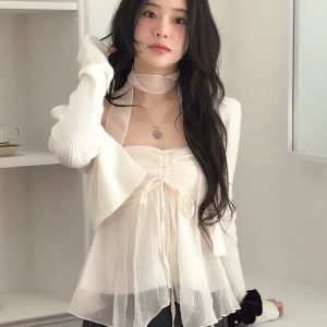 Korean Style Pleated Lace-Up Mesh Strapless Top with Scarf for Women - Trendy Short Design, Perfect for 90s and Y2K Fashion Lovers