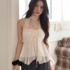 Korean Style Pleated Lace-Up Mesh Strapless Top with Scarf for Women - Trendy Short Design, Perfect for 90s and Y2K Fashion Lovers